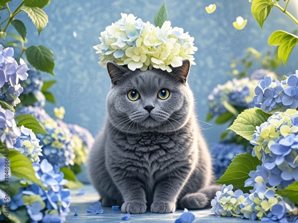Cute Blue British shorthair cat sitting on floor, surrounded by hydrangeas. The cat wearing hydrangea on her head