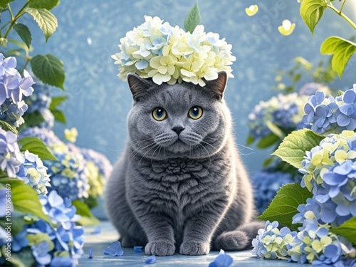 Obraz na płótnie Cute Blue British shorthair cat sitting on floor, surrounded by hydrangeas. The cat wearing hydrangea on her head w salonie