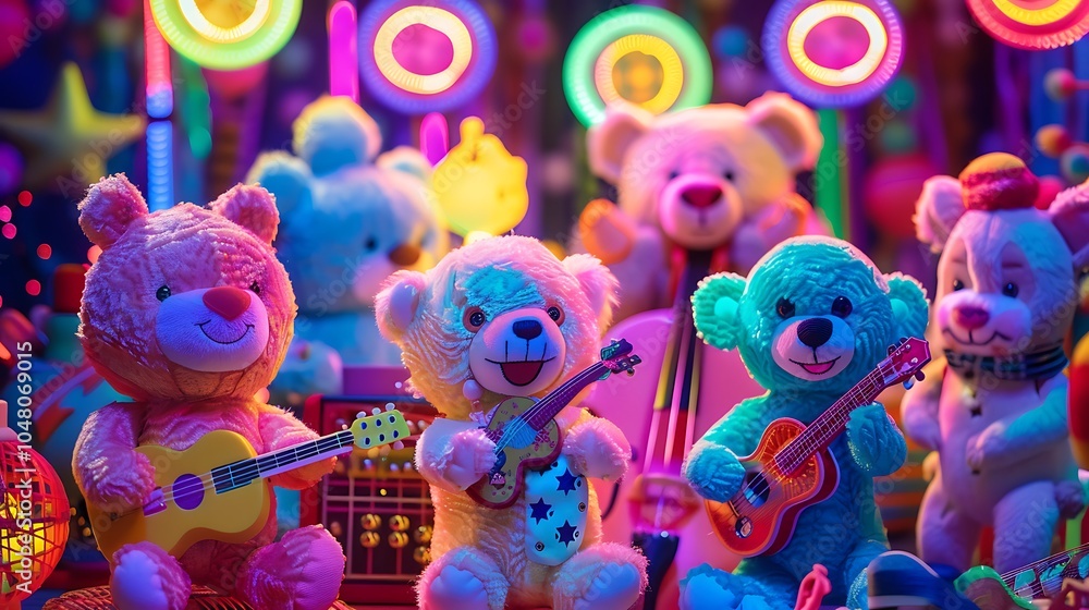 Fototapeta premium A vibrant stuffed animal concert with various toys as musicians