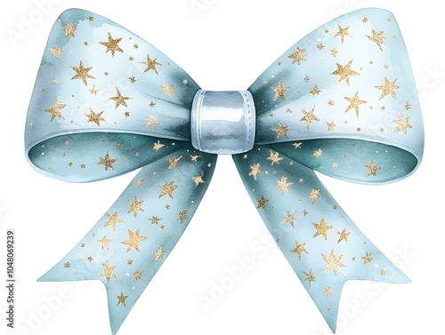 Sparkling Christmas Bow Clipart with Metallic Finish and Gold Stars