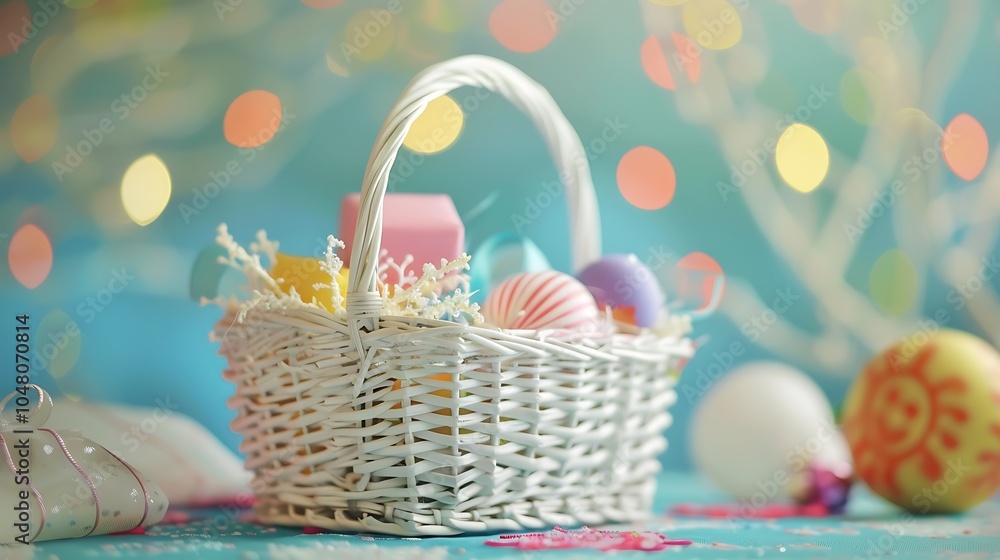 A white wicker basket filled with gifts and toys isolated on colorful background A white wicker basket filled with gifts and toys isolated on colorful background