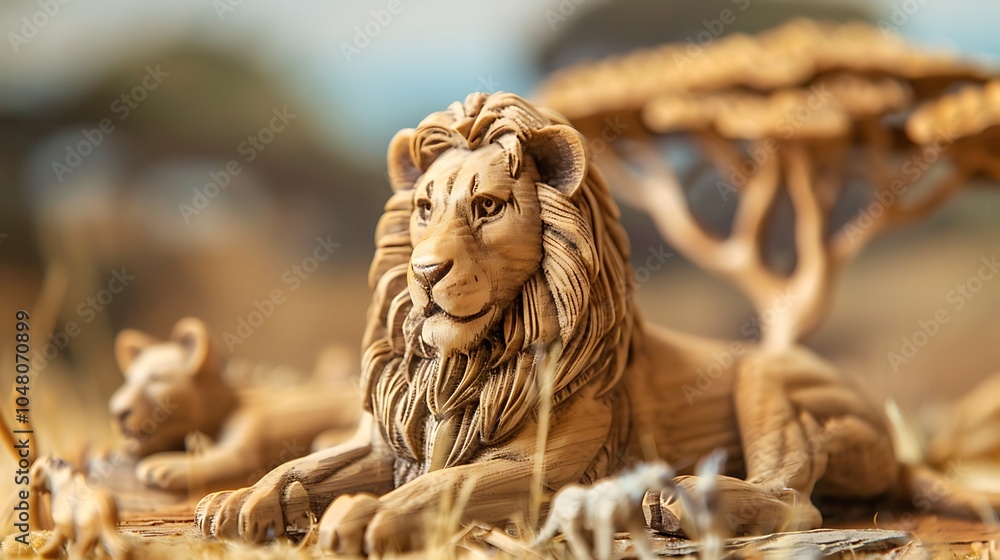 Obraz premium A wooden lion figurine resting in miniature savanna scene