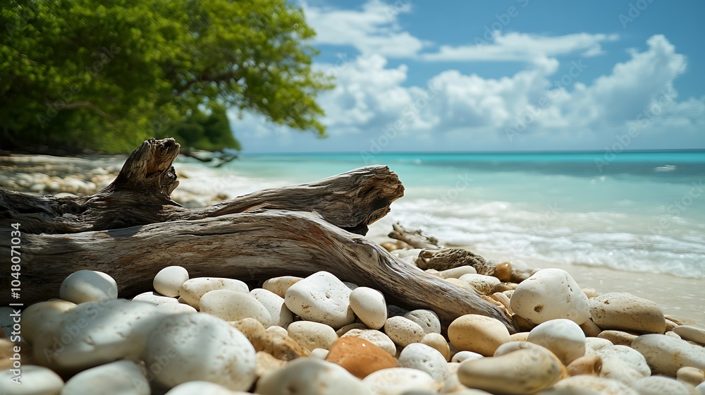 Fototapeta premium A high-resolution close-up of a tropical beach with smooth pebbles and driftwood