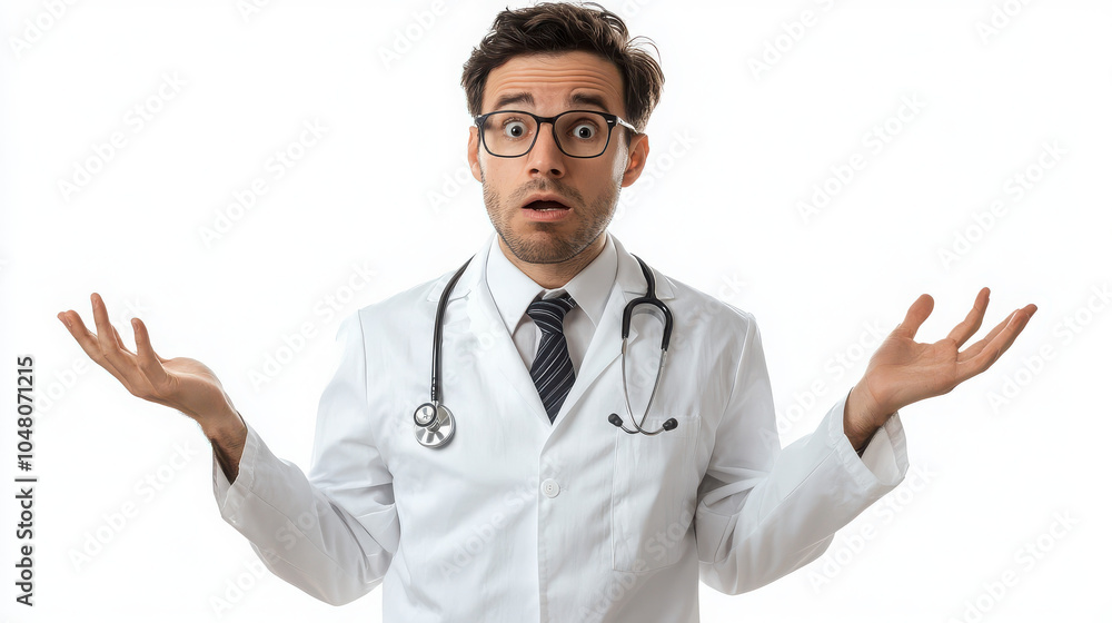 A surprised doctor in a white coat with a stethoscope, expressing confusion. A surprised doctor in a white coat with a stethoscope, expressing confusion.