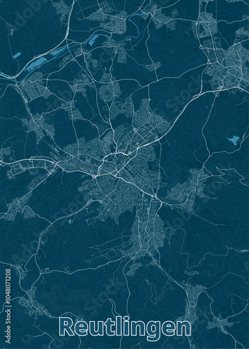 Map of Reutlingen, Germany, rendered in a minimalist style. The map is dominated by a deep teal blue background, with white lines representing roads, streets, and waterways.