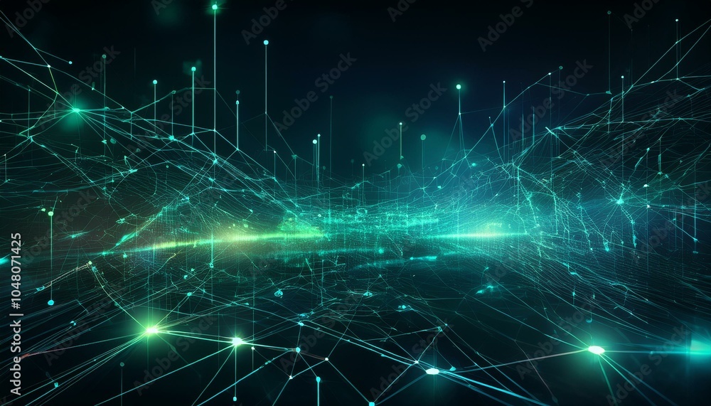 A dark background with interconnected lines and nodes, creating a digital network feel, with glowing blue and green tones, futuristic and minimalistic A dark background with interconnected lines and nodes, creating a digital network feel, with glowing blue and green tones, futuristic and minimalistic