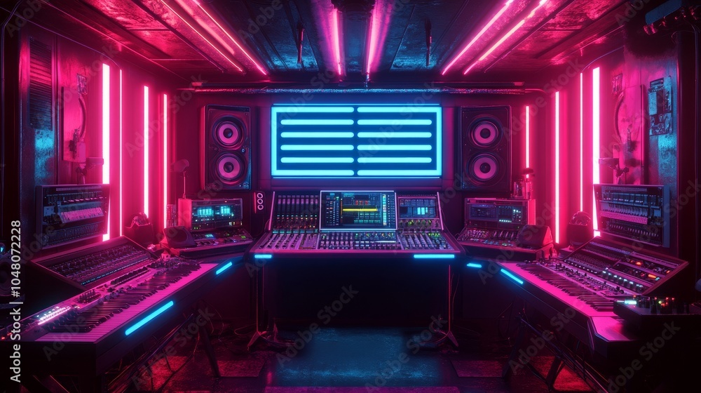 Obraz premium High-tech music studio with illuminated panels, audio consoles, and a microphone setup under colorful red and blue lights
