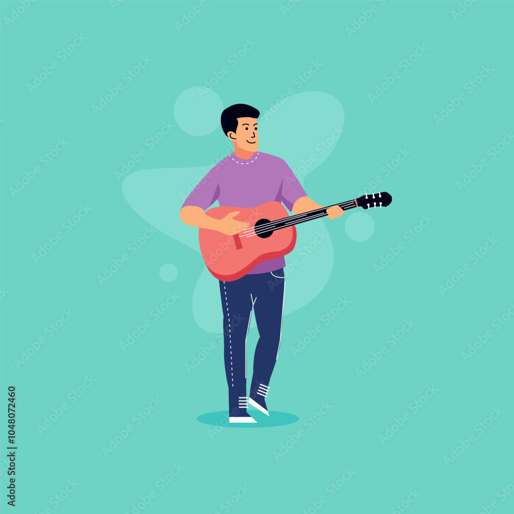 flat illustration of a person playing guitar happily flat illustration of a person playing guitar happily