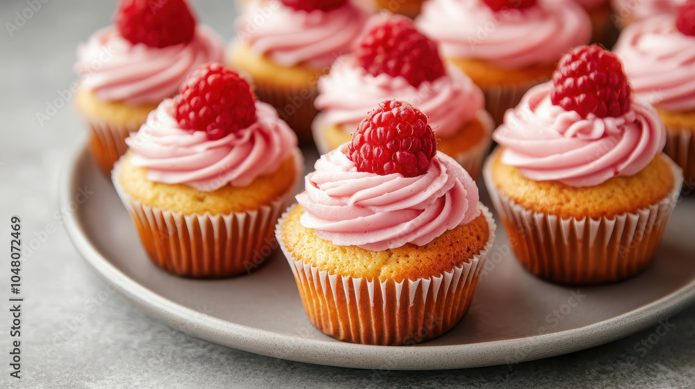 A tray of delicious cupcakes topped with pink frosting and fresh raspberries. A tray of delicious cupcakes topped with pink frosting and fresh raspberries.
