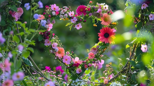 Fototapeta Naklejka Na Ścianę i Meble -  An exquisite heart shaped arrangement of flowers in garden surrounded by blooming nature