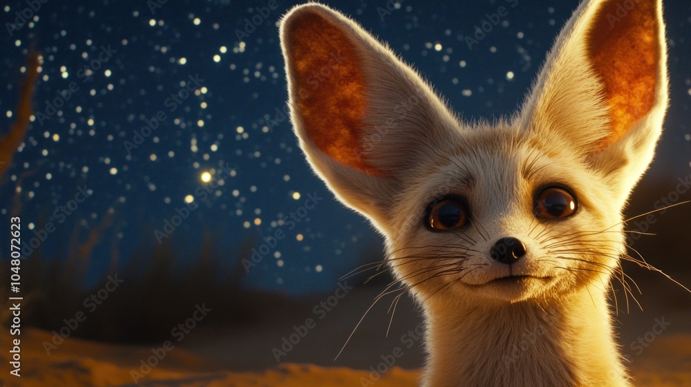Fototapeta premium A close-up of a Fennec Fox's face, its large ears perked up, eyes wide with curiosity, against a backdrop of a star-filled desert night. 