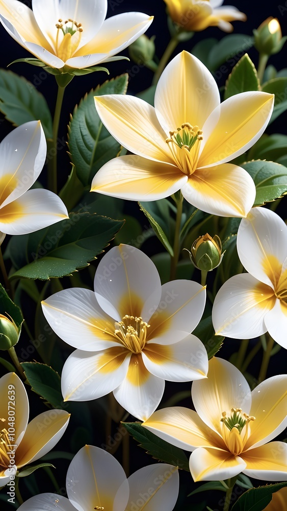 Obraz premium Close-up view of vibrant yellow and white flowers blooming with lush green leaves in a garden during springtime