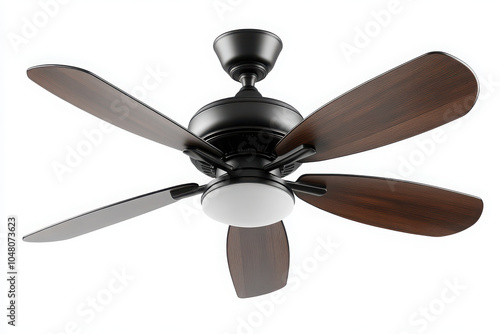 A ceiling fan with four wooden blades and a central light fixture for home cooling. photo