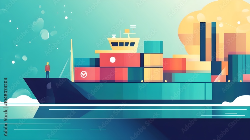 Cargo Ship at Sea with Man on Deck Cargo Ship at Sea with Man on Deck