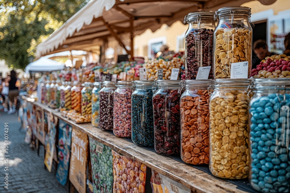 Glass Jars Filled with Assorted Candies at a Market Stall Glass Jars Filled with Assorted Candies at a Market Stall