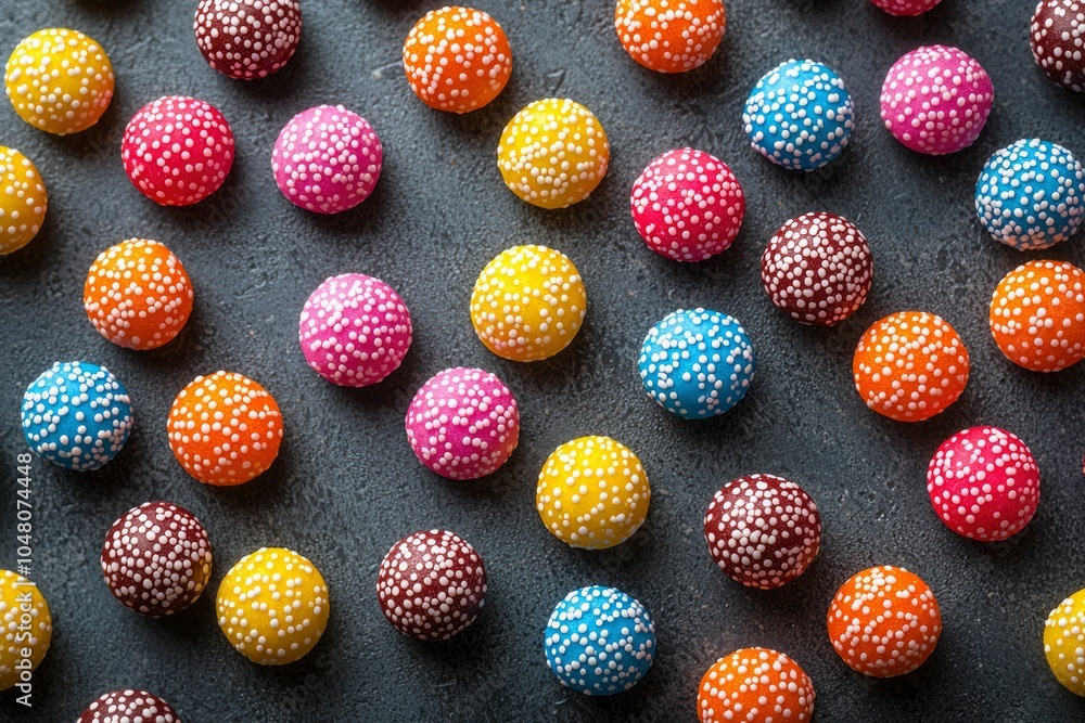 Colorful Round Candies with White Sprinkles on a Gray Surface Colorful Round Candies with White Sprinkles on a Gray Surface