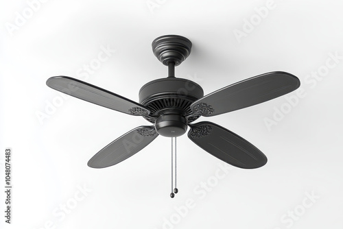 A black ceiling fan with four blades, designed for air circulation in indoor spaces. photo