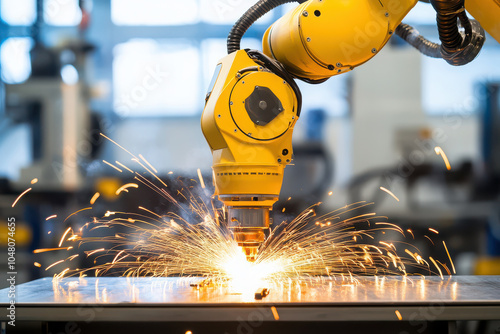 A robotic arm performing metal cutting with sparks flying in an industrial setting.