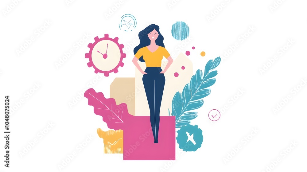 Successful Woman with Clock  Check Mark and Leaves