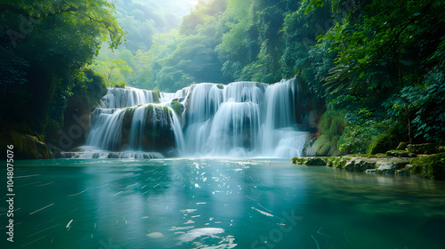 Majestic waterfall flowing down in lush green jungle paradise, serene nature landscape