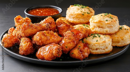 Delicious platter of crispy chicken wings accompanied by fluffy biscuits and tangy dipping sauce, perfect for any gathering.