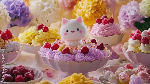 Whimsical Dessert Wonderland Featuring Adorable Cat-Shaped Marshmallow in a Pastel Confectionery Paradise, Surrounded by Colorful Sweets, Floral Decorations, and Playful Toppings