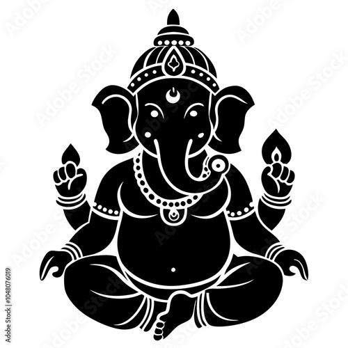 Black and White vector Illustration of the Hindu God Ganesha silhouette isolated on white background.