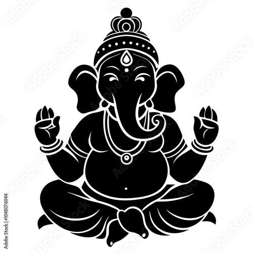 Black and White vector Illustration of the Hindu God Ganesha silhouette isolated on white background.