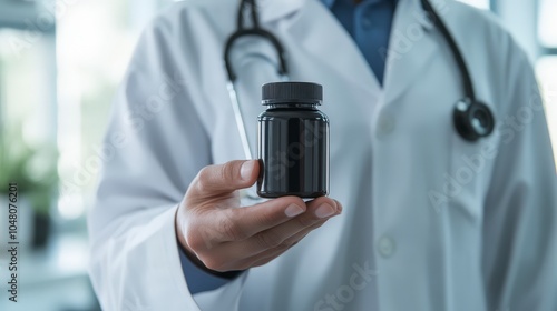 A healthcare professional holding a black supplement bottle in a clinical setting.