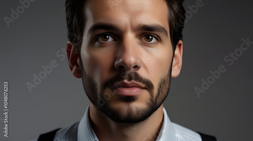 A close-up portrait of a journalist with a microphone, looking inquisitive, with plenty of copy space on a simple background.