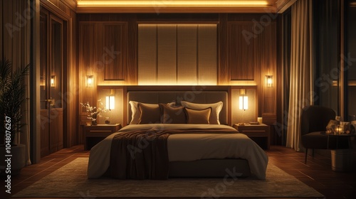 Luxurious Modern Bedroom Design Featuring Warm Ambient Lighting and Elegant Furnishings for Ultimate Relaxation and Comfort