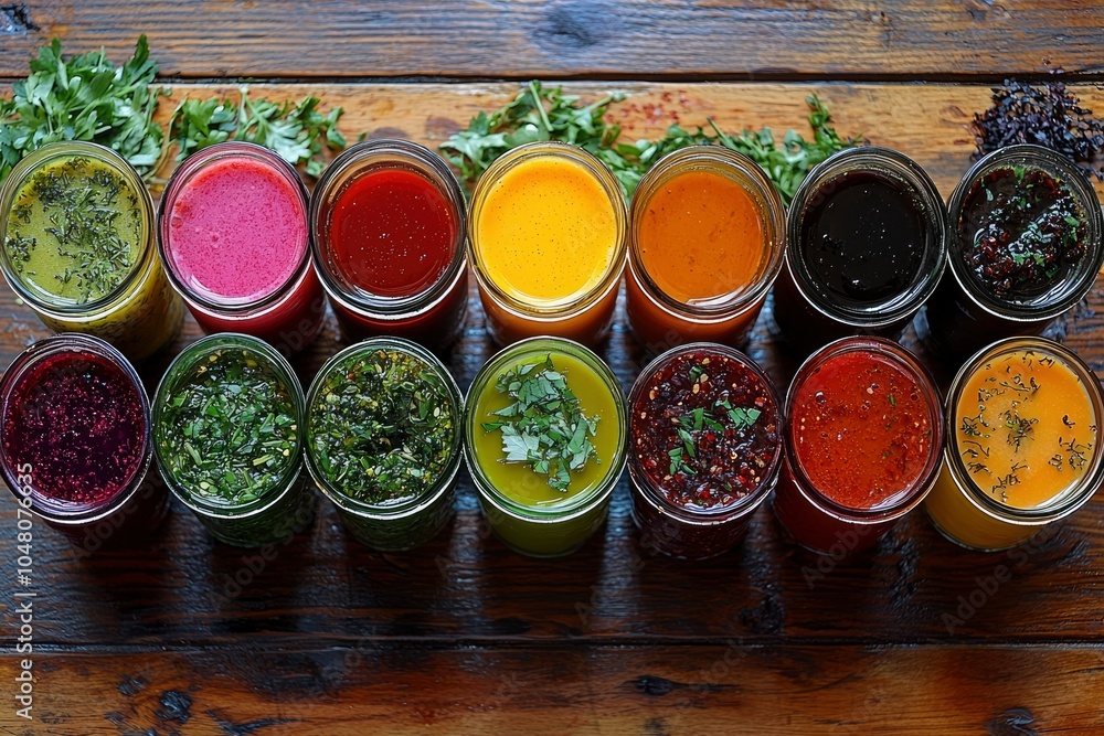 Colorful Homemade Sauces in Glass Jars on Wooden Table Colorful Homemade Sauces in Glass Jars on Wooden Table