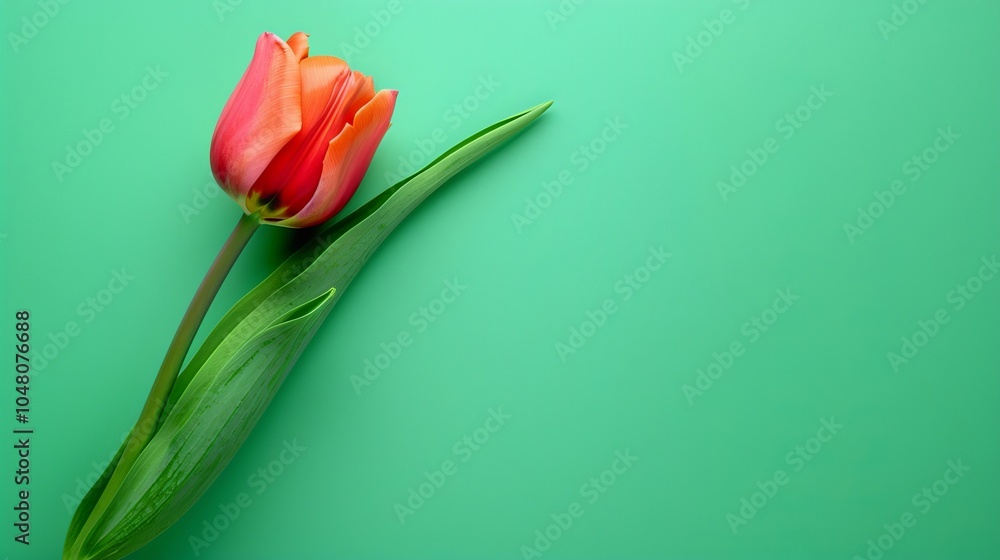 Fototapeta premium A single red tulip on a green background.