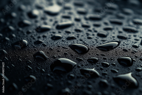 Water drops on a dark metal surface 