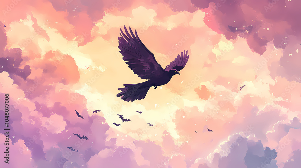 Fototapeta premium Whimsical thunderbird soars amidst stormy pastel skies. cute kawaii halloween illustration. Thunderbird Soaring. Illustration