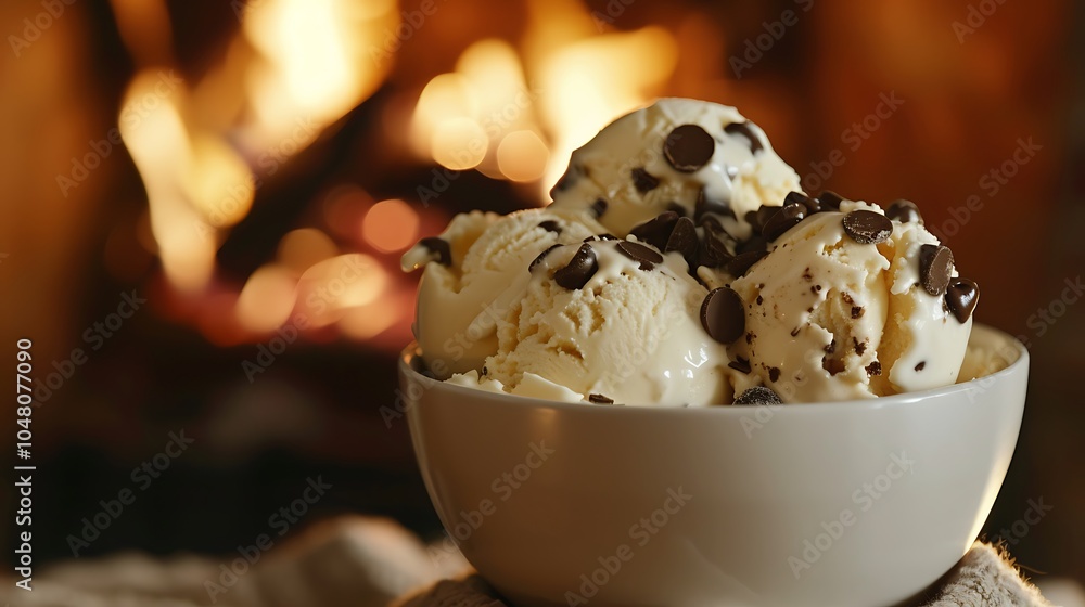 Caramel crunch ice cream with chocolate chips set against cozy fireplace background Caramel crunch ice cream with chocolate chips set against cozy fireplace background