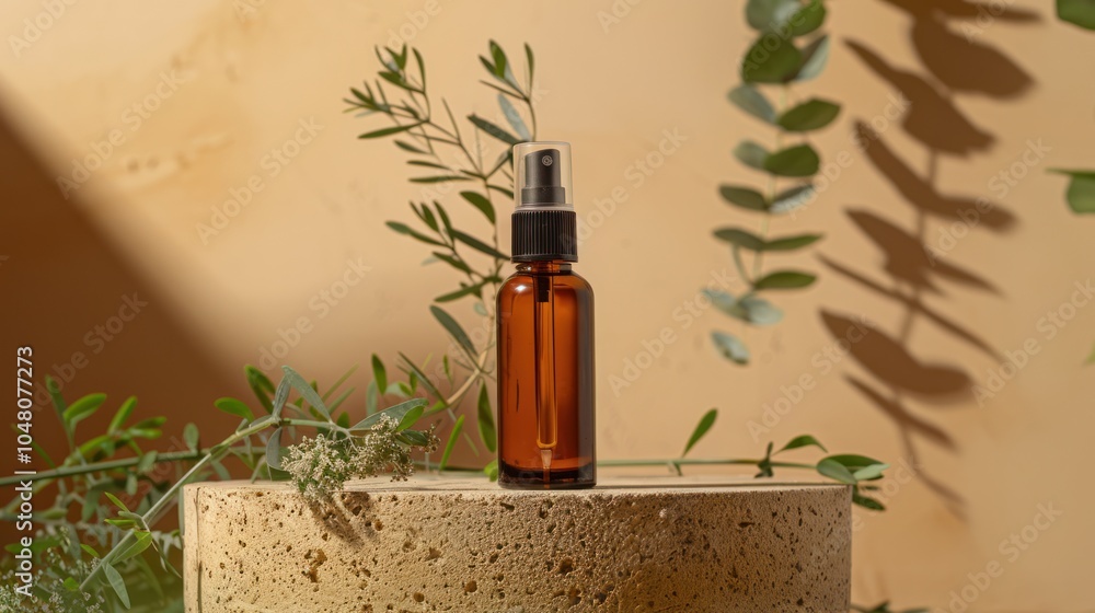 Amber Glass Bottle with Dropper and Spray Top on a Stone Platform with Green Foliage Amber Glass Bottle with Dropper and Spray Top on a Stone Platform with Green Foliage