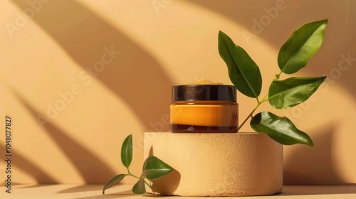 Natural Skincare Cream Jar with Green Leaves on Beige Background