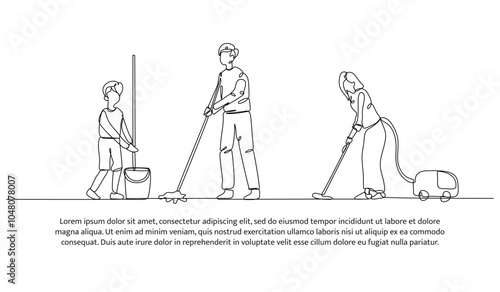 Continuous one line design of cleaning the floor with the family. Minimalist style vector illustration on white background.