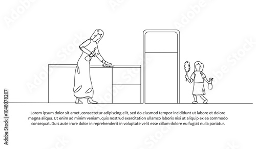 Continuous one line design of cleaning the floor with the family. Minimalist style vector illustration on white background.