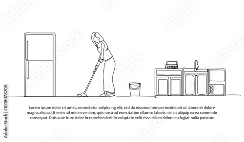 Continuous one line design of a woman is cleaning the kitchen. Minimalist style vector illustration on white background.