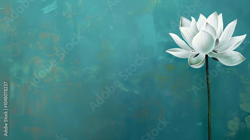 A single white lotus flower stands out against a teal background, symbolizing purity and peace.