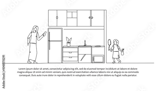 Continuous one line design of a mother and daughter are cleaning the kitchen. Minimalist style vector illustration on white background.