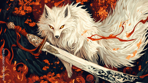 Stylized illustration of a majestic white fox with an ancient sword. Nine-Tailed Fox. Illustration photo