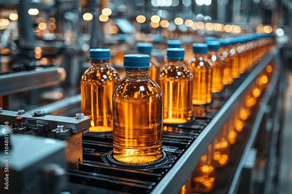 Bottles of amber liquid moving on a conveyor belt in a factory setting Bottles of amber liquid moving on a conveyor belt in a factory setting