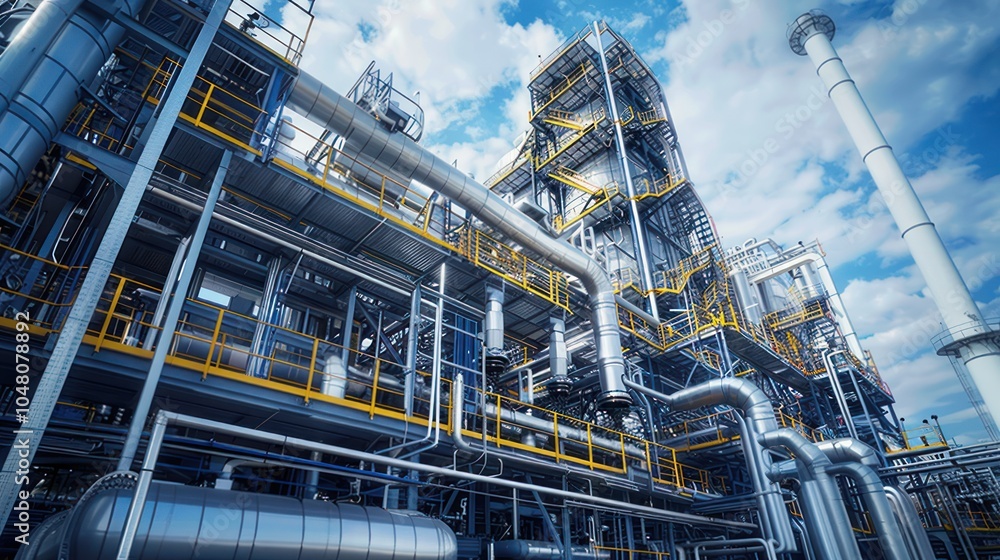 Fototapeta premium Industrial Complex with a Tall White Chimney and Intricate Piping