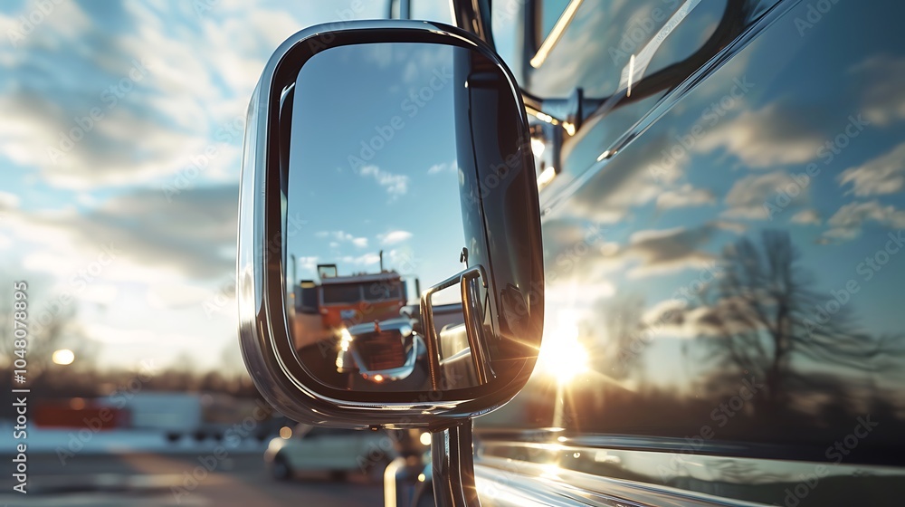 Chrome plated side mirror of a truck reflecting the surrounding environment with clarity Chrome plated side mirror of a truck reflecting the surrounding environment with clarity