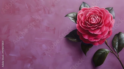 A single pink camellia blossom with dark green leaves rests on a textured purple background.