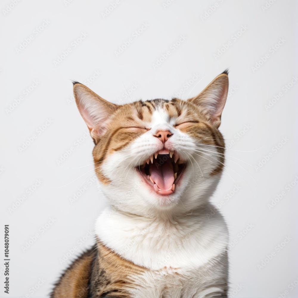 A playful cat yawning widely against a plain background while showcasing its distinct fur pattern and joyful expression A playful cat yawning widely against a plain background while showcasing its distinct fur pattern and joyful expression