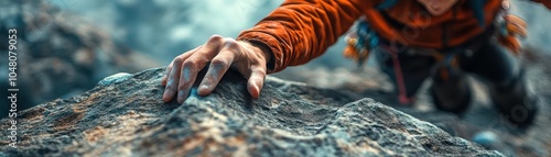 A rock climber reaching for the next hold fingers grasping the rock, body straining against gravity